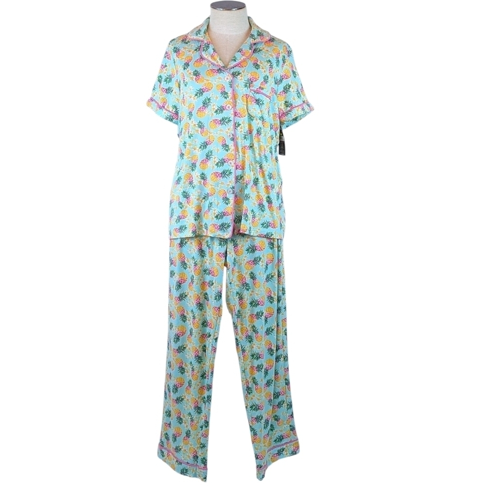 Pillow Talk Tropical Pineapple Print PJ Set Short Sleeve Top Pants Aqua M NWT - Picture 12 of 12